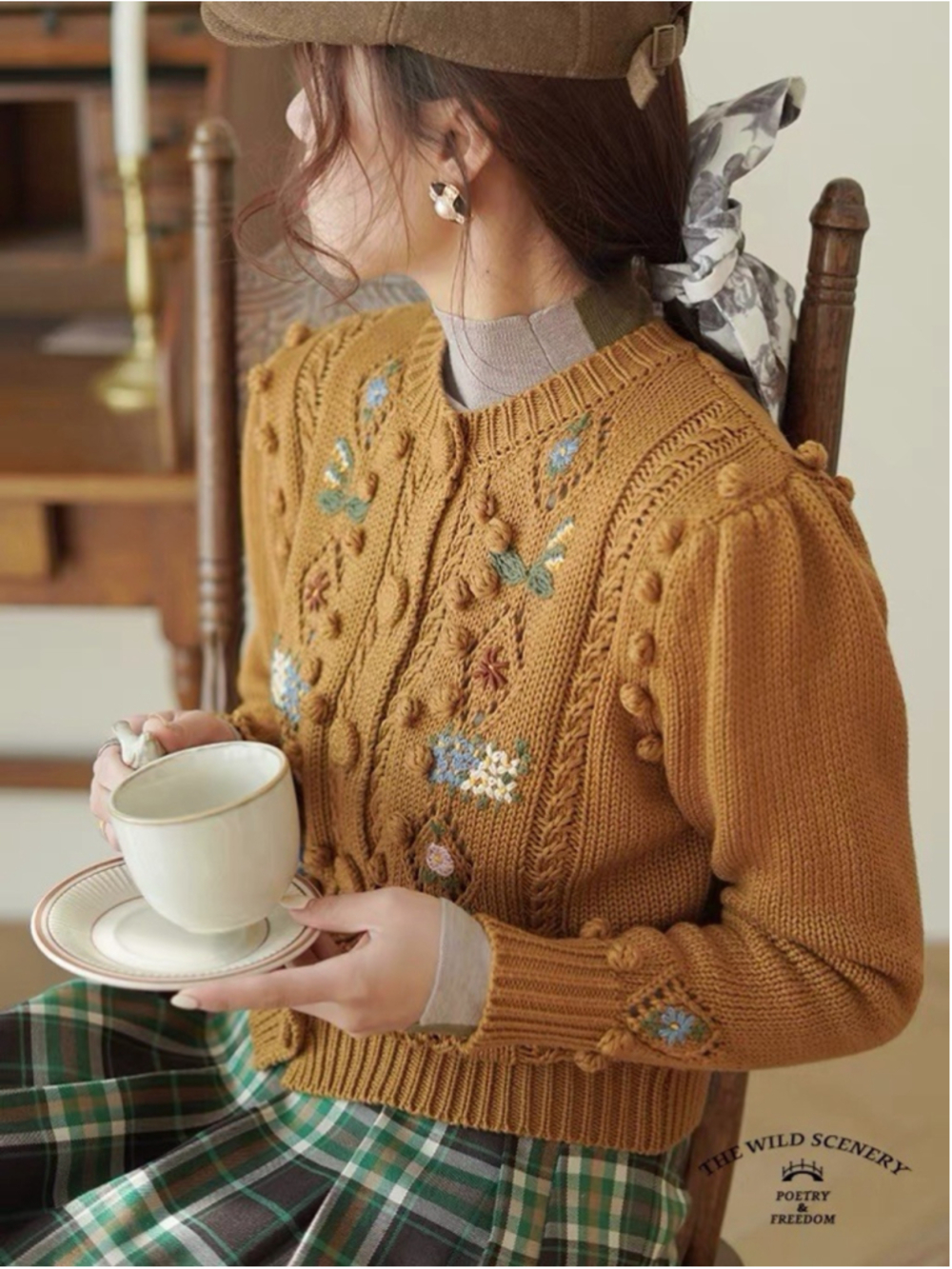 RARE DÔEN Forget Me Not Embroidered Floral Bobble Knit Cardigan Sweater Tan XL - Picture 4 of 14